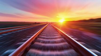 Obraz premium Serene Sunset Over Curved Train Track