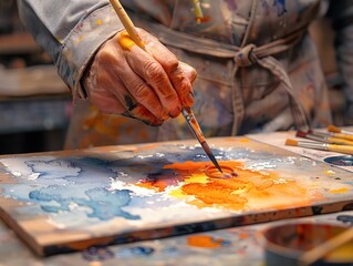 Obraz premium Watercolor image of a hand painting a logo on a canvas, emphasizing the art of branding and identity creation