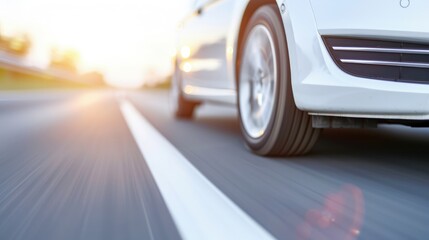 Naklejka premium Dynamic Road Scene with a White Sedan Caught Mid-Motion