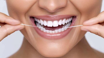 Fototapeta premium Close-Up of Woman Flossing Perfect White Teeth for Oral Hygiene
