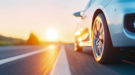 Golden Hour Drive - A White Car Racing Towards Sunset