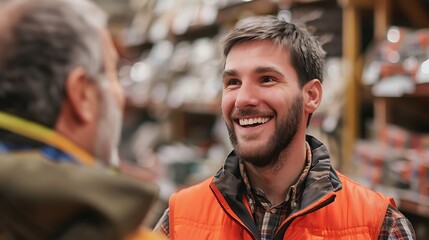 Fototapeta premium smiling Man in building materials store consults with seller Between shelves in DIY store, friendly salesman in overalls talks about product that buyer is pointing at