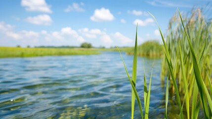 Fototapeta premium Tranquil Nature Scene with Reflective Water, Lush Grasses and Trees