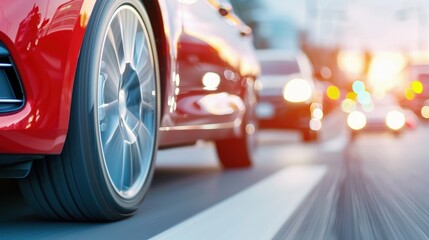 Close-up View of a Vibrant Red Car's Side Wheel on a Busy City Street