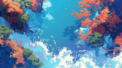 Naklejka premium 40 Digital pixel anime art flat design top view fantasy theme cartoon drawing Split-complementary color scheme