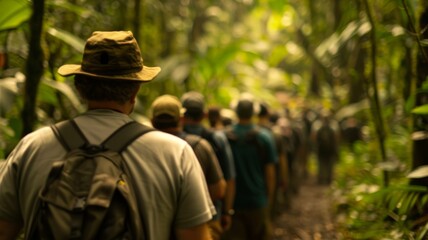 Obraz premium Group of people trekking through dense forest, exploring nature and enjoying outdoor adventure in a lush jungle environment.