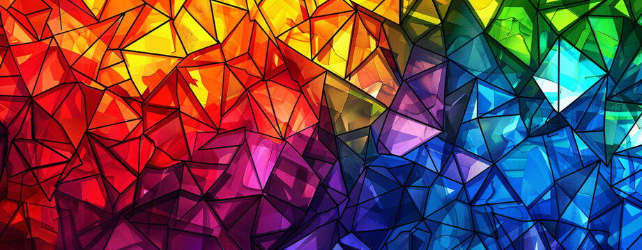 Colorful abstract background with rainbow colored geometric shapes and textures. Rainbow colors and rainbow pattern. Background for design in the style of stained glass. Vector illustration.


