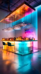 Vibrant Neon-Lit Minibar with Industrial Metal Accents in Contemporary Interior Design