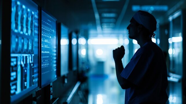 Radiant Reflections Healthcare Worker Contemplating Digital Diagnosis in Hospital Setting