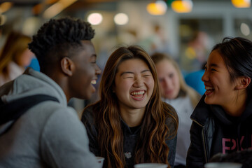 Obraz premium Group of teenagers of different ethnicities are sitting together in a cafe
