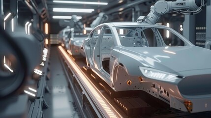 Fototapeta premium Automated Precision Industrial Robots Assembling Electrical Components on Car Production Line