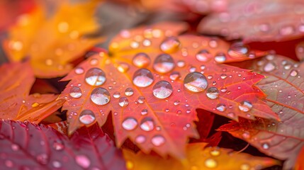 Raindrops form on the surface of a maple leaf, each droplet perfectly spherical and clear. The vibrant reds, oranges, and yellows of the leaf are magnified by the droplets, highlig