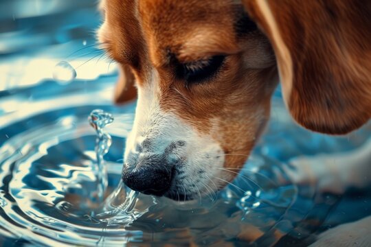 Close up of golden retriever and beagle dogs drinking water in high quality image