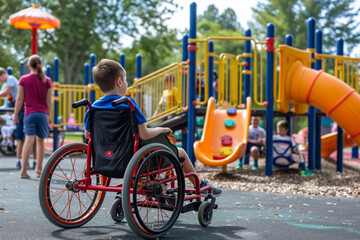 Obraz premium young boy in a wheelchair is smiling and sitting on a yellow and blue park bench. The scene is lively and cheerful, with other people in the background enjoying the park