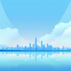 Obraz premium 雲と水の上の都市のスカイライン イラスト 背景
