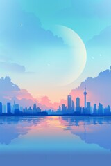 Fototapeta premium 雲と水の上の都市のスカイライン イラスト 背景