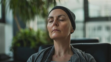 A cancer patient practicing progressive muscle relaxation techniques to release tension and prepare for sleep.