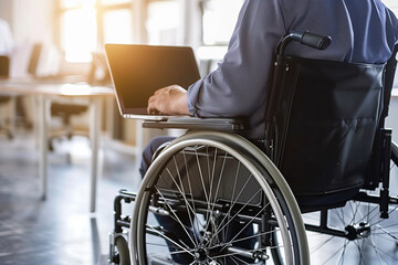 Obraz premium man in a wheelchair is sitting at a desk with a laptop. The scene is set in a large office with a potted plant in the background. The man is working on his laptop, possibly for a job