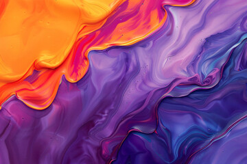 Abstract background with colorful waves of fluid liquid, oil painting style, vibrant colors, glowing light effects, orange and purple color gradient, high resolution, detailed texture, top view


