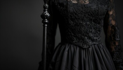 Fototapeta premium Close-up of a person in a detailed black lace dress holding a black cane. The background is dark, emphasizing the dress and cane.