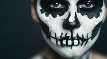 Close-up of a person's face painted in a spooky skeleton design for Halloween, showing detailed black and white makeup art.
