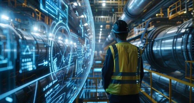 Engineer in futuristic industrial facility interacting with digital interface on machinery