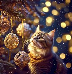 猫とクリスマスの飾り付け