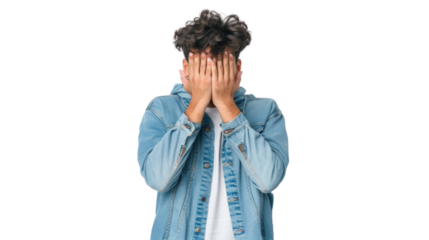 Handsome hispanic man wearing casual clothes covering eyes and mouth with hands, surprised and shocked on transparent background