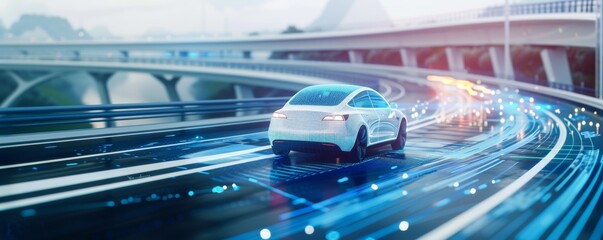 White electric car driving on highway with futuristic digital interface, showcasing autonomous driving technology