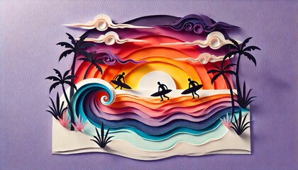 Tropical Beach Sunset with Surfers in Paper Art