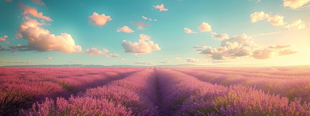  A field teeming with purple blooms beneath a tranquil blue sky Amidst it, a plane traverses the azure expanse