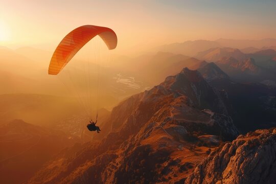 Thrilling sunset paragliding above majestic mountains, embodying freedom and excitement