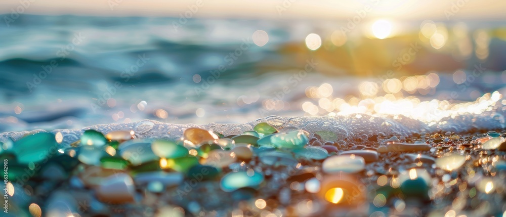 Wall mural Colorful sea glass on a sandy beach at sunset with ocean waves in the background. Perfect for nature and coastal themed projects.