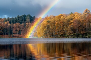 Autumnal Lake with a Bright Rainbow Arch, Captured Through the Lens of a Nikon D850 DSLR with AF-S NIKKOR 24-70mm f/2.6E ED VR, Embracing the Art of Landscape Photography