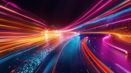 A colorful, blurry image of a light show with purple, blue, and pink lights. The image is full of bright, sparkling lights that create a sense of energy and excitement
