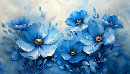 Blue poppies on blue background. 3D rendering. Digital painting.