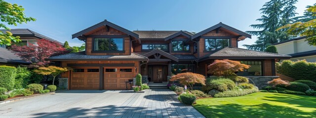 Obraz premium A sizable residence boasts a driveway leading upfront, surrounded by an abundance of trees and lush bushes
