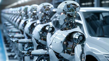 Fototapeta premium Tech Fusion Robots Assembling Futuristic Car Innovation Automation and Progress in Manufacturing