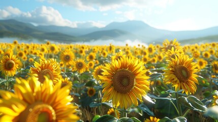 Obraz premium The sunflower field is full of vibrant yellow flowers, with mountains in the background and blue sky above. The sunlight shines on them, creating a warm atmosphere.