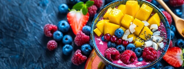 raspberries, kiwis, and berries A spoon rests nearby