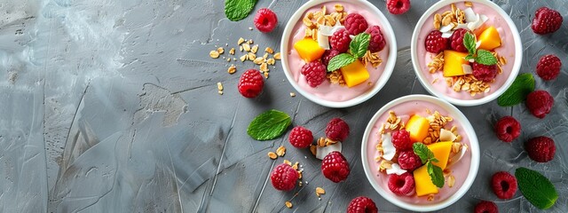  Three bowls displaying yogurt topped with raspberries, peaches, and granola against a gray backdrop
