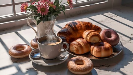 A picture-perfect scene of a cozy coffee and pastry setup on a marble surface. A steaming cup of coffee is accompanied by a variety of delicious-looking pastries, including croissants and doughnuts. F