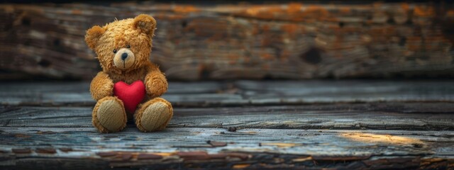 Obraz premium A bear holds a red heart on a wooden floor In front of it is a wooden plank wall