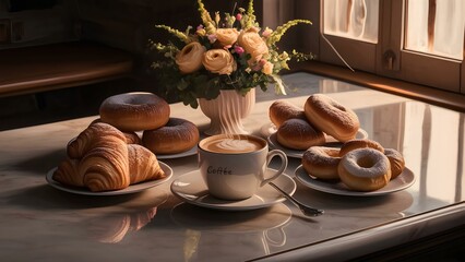 A picture-perfect scene of a cozy coffee and pastry setup on a marble surface. A steaming cup of coffee is accompanied by a variety of delicious-looking pastries, including croissants and doughnuts. F