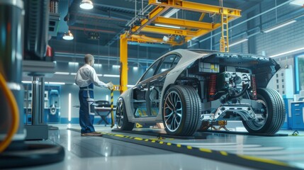 Fototapeta premium Revolutionizing Auto Care Expert Technician Inspects CuttingEdge Hybrid Car on Lift in Mechanic's Workshop