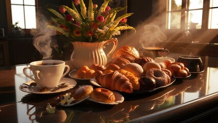 A picture-perfect scene of a cozy coffee and pastry setup on a marble surface. A steaming cup of coffee is accompanied by a variety of delicious-looking pastries, including croissants and doughnuts. F