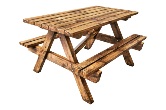 Wooden picnic table isolated on transparent background