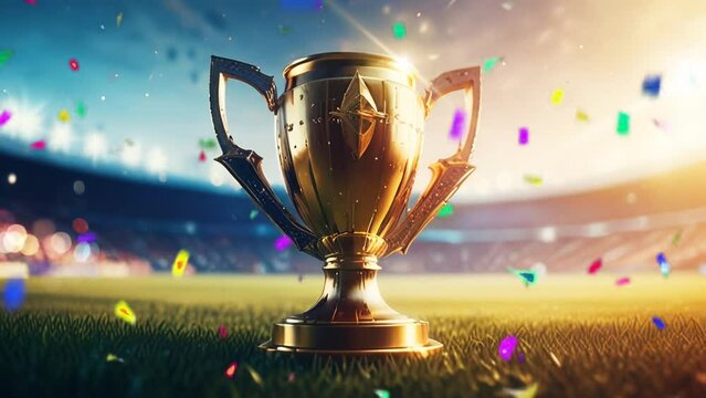 European trophy in the middle of the field, with the crowd cheering happily, on a smooth looping background with animated 4K video