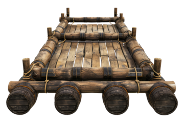 wooden raft with empty floating drums isolated on transparent background