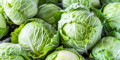 Lots of fresh cabbages on the counter New crop vitality and health Closeup
